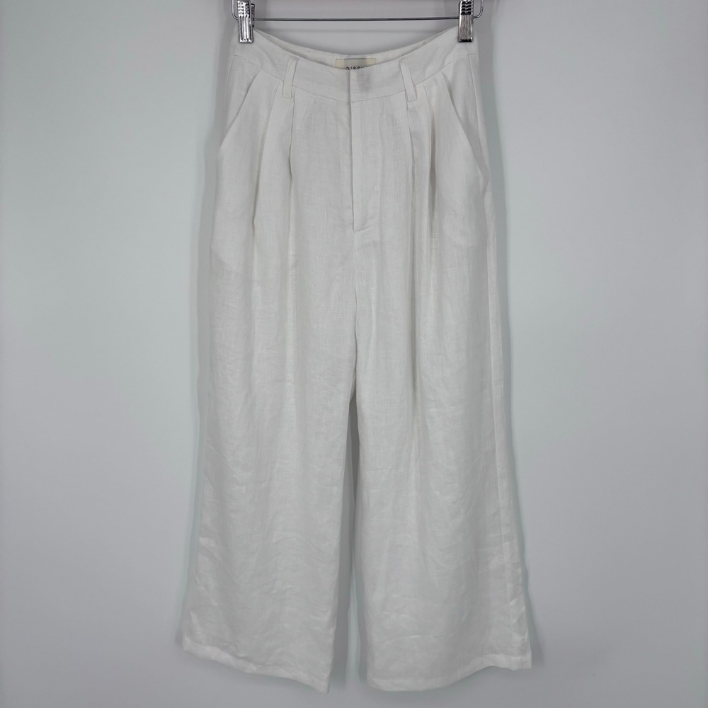 DISSH White 100% Linen Wide Leg Pleated Trousers Womens Size 2 Vacation Coastal